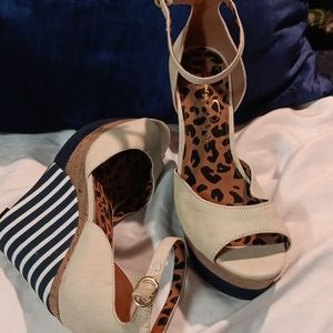 Jessica Simpson wedge shoes Navy blue and white stripes, tan  and cork